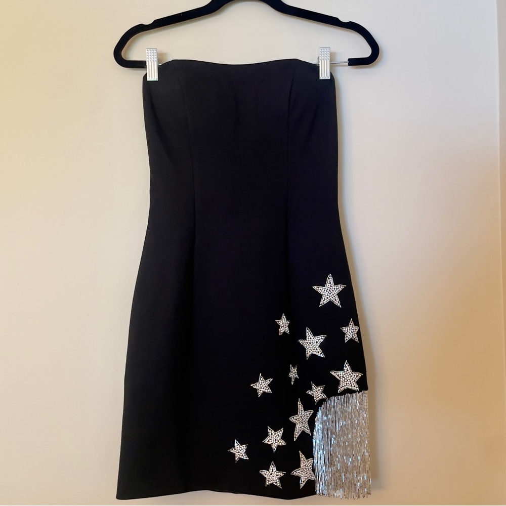 Sherri Hill Black Strapless Dress with Star Embellishments & Fringe